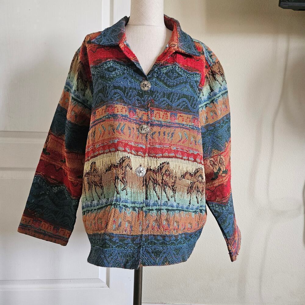 Vintage western Jane Ashley Horse jacket shacket tapestry button up XL